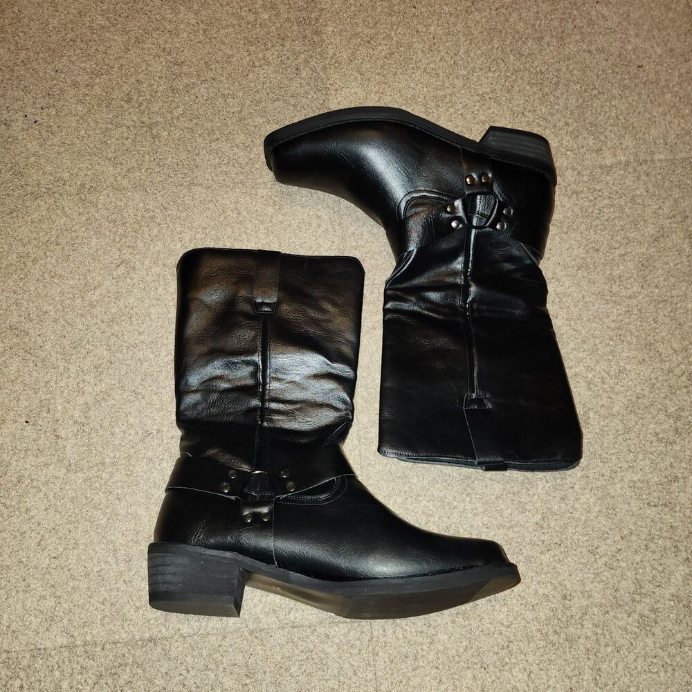 Womens Black Mid-Calf Motorcycle Harness Boots | W11
